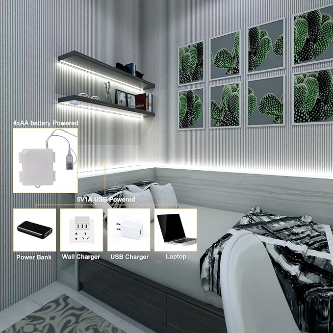 Battery Powered Strip Light, 6.56FT 640LED 6000K Cool White USB COB LED Strip Flexible Cuttable Dimmable Timer LED Light with Remote Control for Shelf, Kitchen, Closet, DIY Backlight, Camping Gear