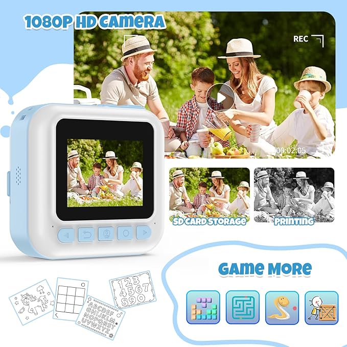 Kid Camera for Boys,Portable Toddler Blue Printing Camera Toy 1080P Video Cameras Children Instant Print Camera for Kids 3 Print Paper & 32G Card Christmas Birthday Gifts（Blue）