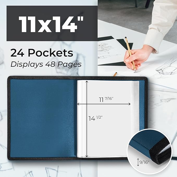 Dunwell 11x14 Art Portfolio Binder with Mounting Paper (Blue), Large Portfolio Folder for Artwork Storage, 24 Sleeves Displays 48 Pages, Acid-Free Poly 11 x 14 Presentation Book