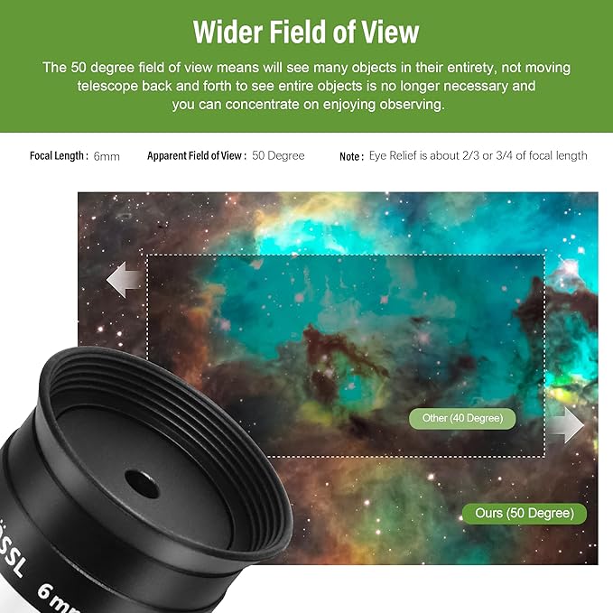 Astromania Telescope Eyepiece 6mm Plossl, 1.25 Inch Telescope Accessory Eyepiece Fully Multi Coated 4-Element Plossl Design, Metal 50 Degree Apparent Field of View for Astronomy Telescopes & Filters