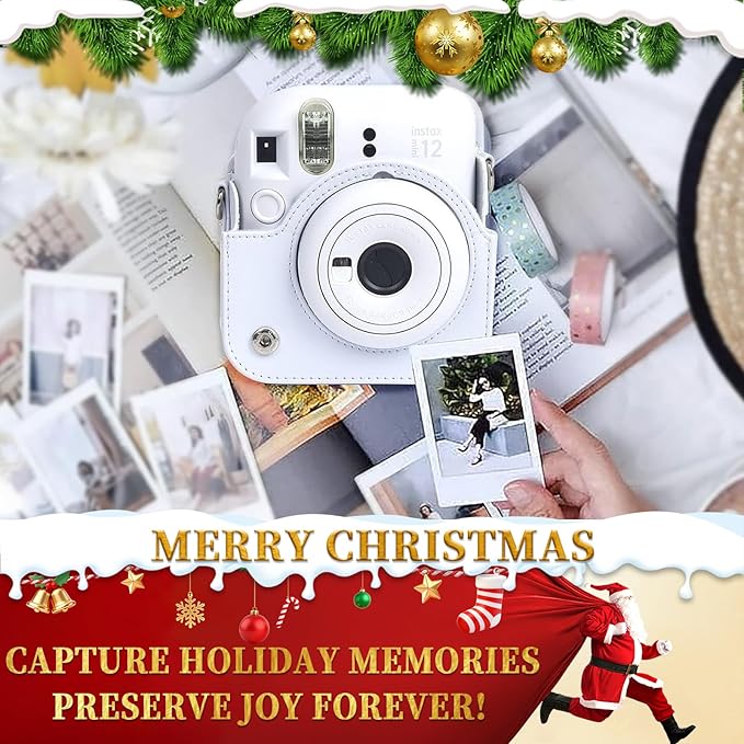 CAIYOULE Camera Case for Fujifilm Instax Mini 12 Instant Film Camera, Retro Leather Protective Camera Crossbody Bag for Fuji Mini 12 with Photo Album, Adjustable Shoulder Strap, Clay White-No Camera