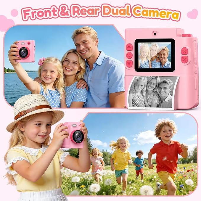 Gift for Girls Kids Camera: Instant Print Dual Lens Digital Camera Toys for Girl 3-12 Birthday Christmas Valentines Gifts for Kid Girls Boys Ages 3 4 5 6 7 8 9 10 with 32G SD Card Storage Bag Pink
