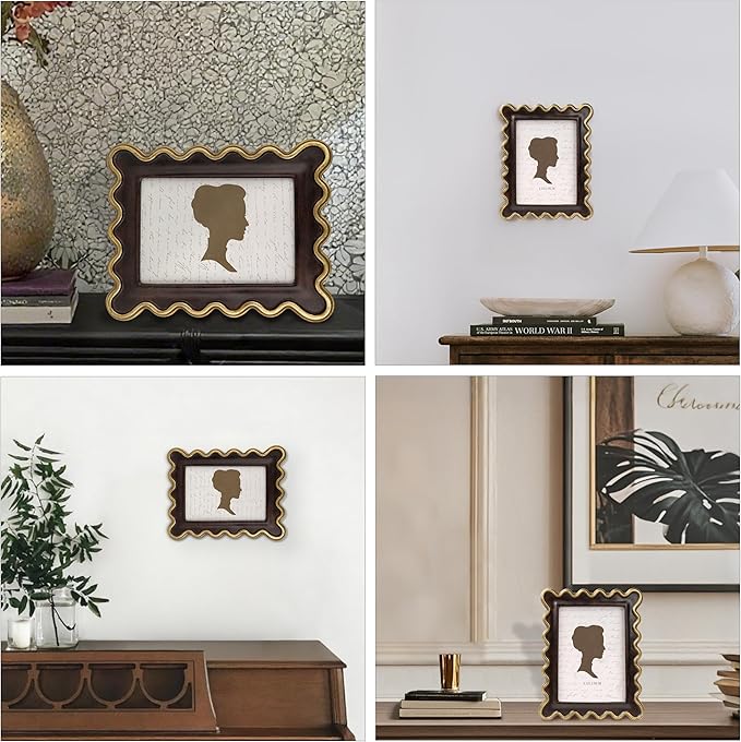 AELS 5x7 Inch Vintage Scalloped Picture Frame, Mid Century Modern Antique Photo Frames with Glass Front, Photo Display, Tabletop Wall Hanging, Dark Walnut