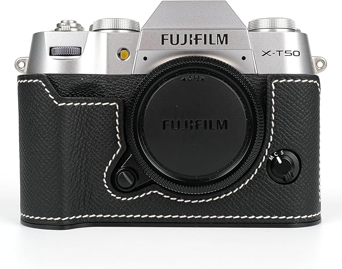 Uchandmade Handmade Genuine Leather Camera Half Case for Fujifilm X-T50/Fujifilm X-T50 Camera Case/Fujifilm X-T50 Case - Top Layer Cowhide Body + Metal Base Plate (89 Black & White Link)