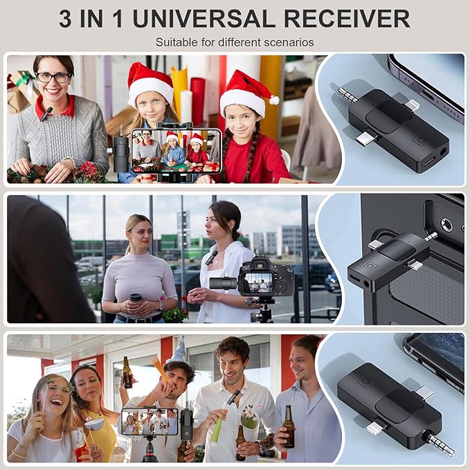 Wireless Microphone for iPhone, Camera, USB-C Mini Microphone 3 in 1, Professional Mini Mic with Noise Reduction, Lavalier, Lapel Mic for Video/Vlog/TikTok/YouTube