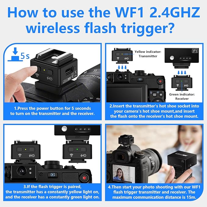 WF1 2.4G Wireless Flash Trigger for Canon Nikon Sony Pentax DSLR Cameras Wireless Flash Trigger Transmitter and Receiver for Camera Flashes with Hot Shoe Mount(Black).