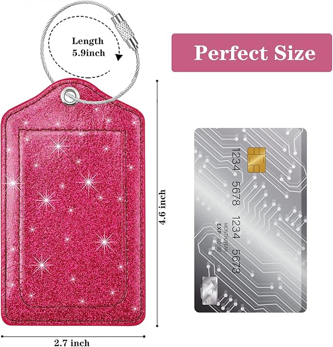 (Set of 2) Luggage Tag Leather Privacy Cover ID Label Address Card with Stainless Steel Loop, Travel Bag Tags Suitcase Labels, Glitter Rosy