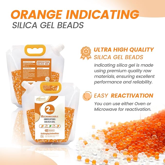 Silica Gel Desiccant Beads – Reusable Desiccant Bulk 3mm Beads for 3D Filament, Electronics, Cameras, Jewelry, and Safes (Orange White MIX, 2 LBS+1 Bag)