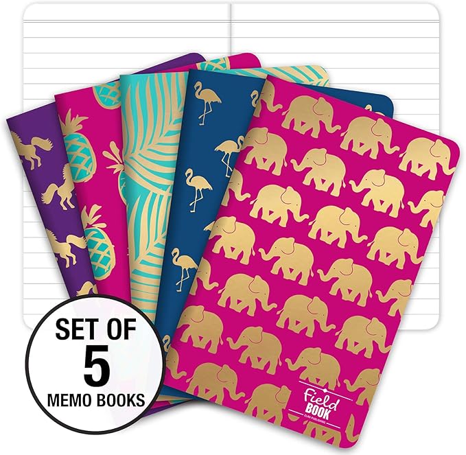 Elan Publishing Company Field Notebook/Journal - Gold Foil Patterns - Lined Memo Book (5"x8") - Pack of 5