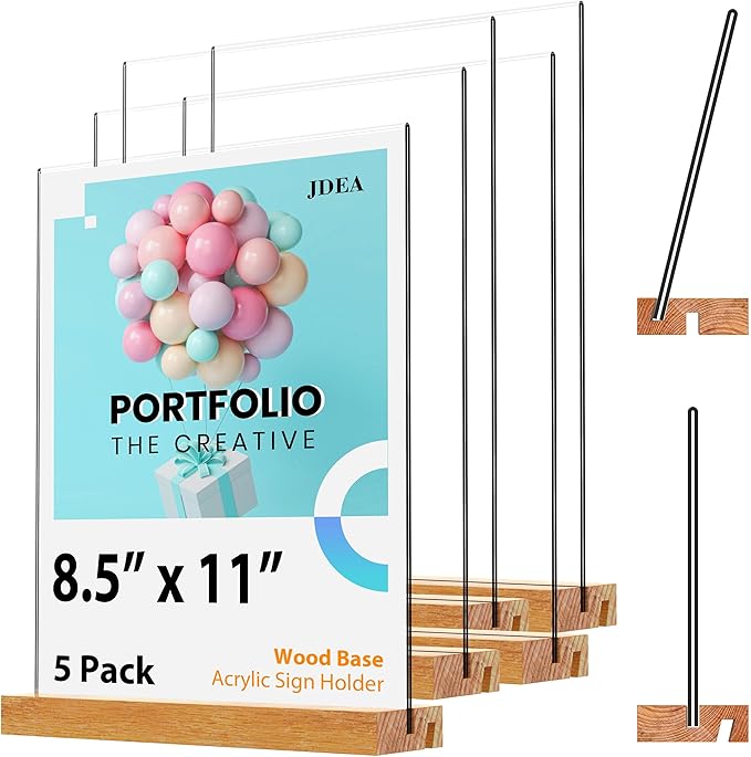 JDEA Acrylic Sign Holder with Wood Base 8.5x11 Inch Vertical and Slant Displays (5 Pack 8.5*11")