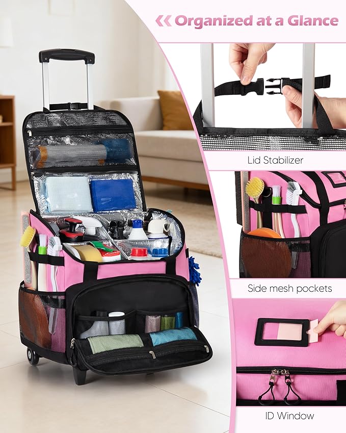 Large Rolling Cleaning Caddy Bag with Detachable Trolley, Cleaning Supplies Organizer with Wheels for Housekeepers, Pink