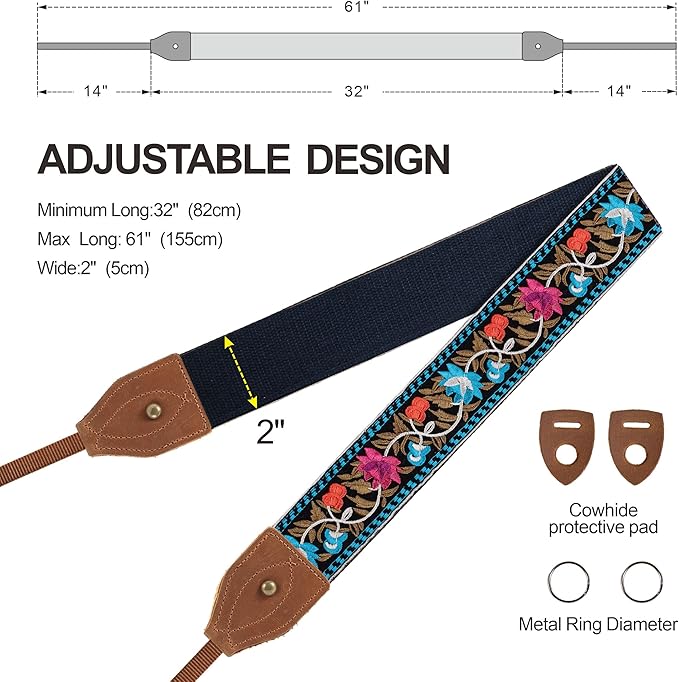 Padwa Lifestyle Camera Strap - 2" Wide Classic Vintage Crazy Horse Arts Cowhide Head Cotton Embroidered Universal Neck Shoulder & Crossbody Camera Straps for Photographers Gift and All DSLR Cameras