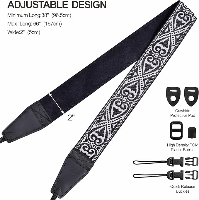 Padwa Lifestyle Camera Strap - 2" Full Grain Leather Ends Camera Straps for Photographers, Vintage Silver Embroidered Cotton Weave Soft Suede Fabric Padded Strap Quick Release fits All Cameras