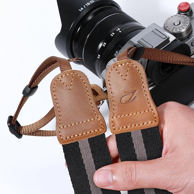 Padwa Lifestyle Black Grey Stripes Camera Strap - Double Layer Crazy Horse Cowhide End,1.5" Wide Pure Cotton Camera Straps,Adjustable Neck Shoulder Strap for All DSLR Cameras,Gift for Photographers