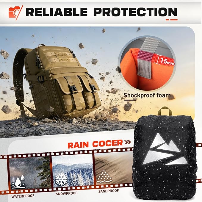 RAINSMORE Camera Bag Backpack for DSLR/SLR/Mirrorless Camera Bags for Photographers 15.6 Inch Waterproof Tactical Photography Backpack Case with Rain Cover & Tripod Holder, Khaki