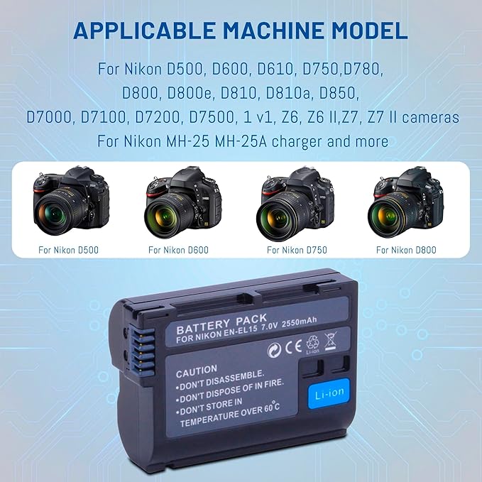2-Pack EN-EL15 /EL15A/EL15B/EL15C Batteries with USB Dual Charger Compatible with Nikon Z6 Z7 D500 D600 D610 D750 D780 D800 D800E D810 D810A D850 D7000 D7100 D7200 D7500 Cameras 2550mAh