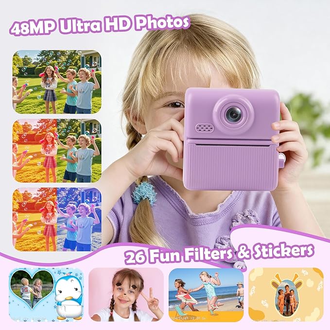 Kids Instant Print Camera,1080P Digital Camera for Kids with 32GB Card & 3 Rolls Printing Paper,4 6 7 8 9 10 Year Old Girls Boys Christmas Birthday Gifts, Instant Print Toys for Girls 6-8 8-10(Purple)
