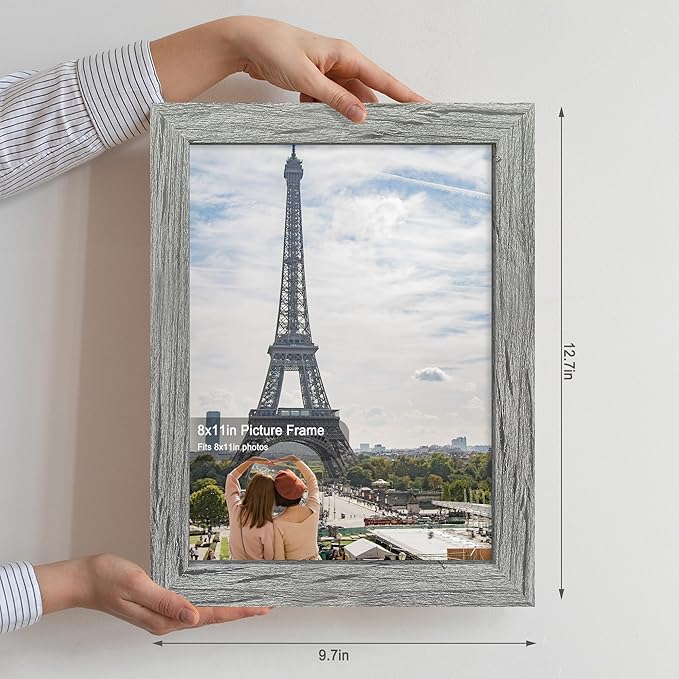8x11 Picture Frame Set of 2, Made of Real Glass and Grey Wooden Frame - 8 by 11 Photo for Wall or Tabletop Display