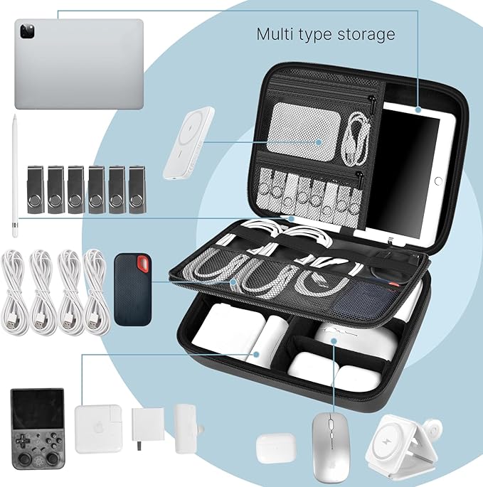 Comecase Electronics Organizer Travel Case for MacBook Pro/Air Power Adapter, Double Layer Tech Bag with 5 Dividers for iPad Mini/Air (up to 11"), Cables, Magic Mouse, Power Bank & SSD - Black