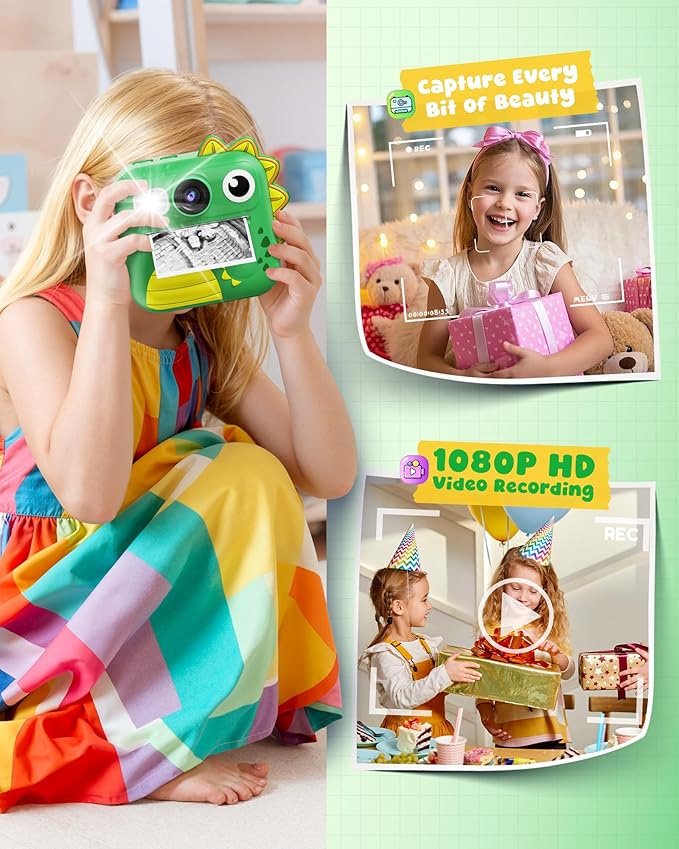 KOKODI Kids Camera Instant Print, Toddler Cameras Christmas Birthday Gifts for Girls Age 3-12, Digital Video Instant Printable Camera for Kids,Toys for Ages 5-7 Girls (Green)