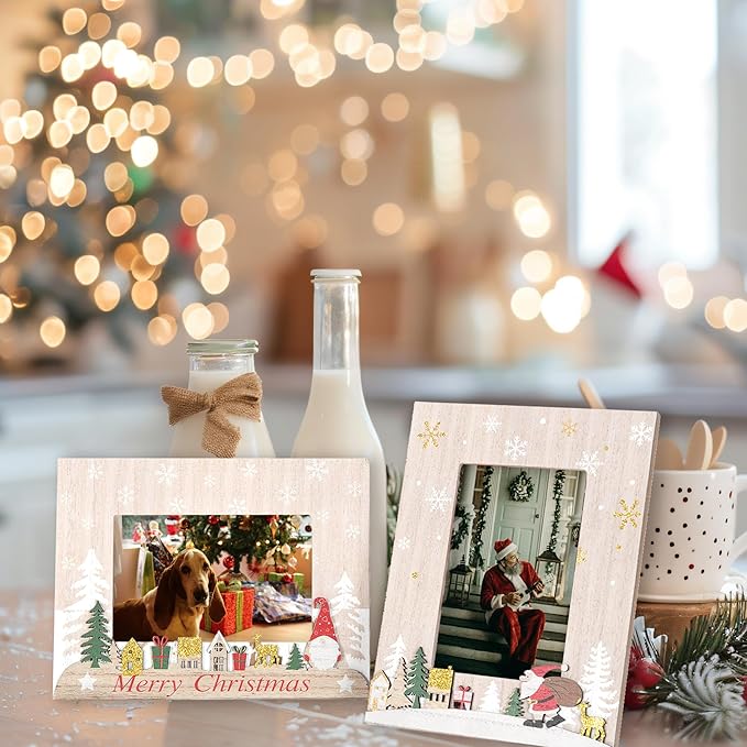 kennethan Christmas White Frame 4x6 Picture Frame with Christmas Santa Decoration 2 Pack Wooden Frame with Glass can Display 4x6 Picture on the Table