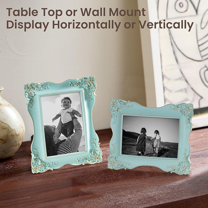 Axeman Vintage Blue Picture Frames 4x6 | Antique 4x6 Picture Frame with Real Glass | Ornate Picture Frames 4 x 6 for Wall & Tabletop Display | Retro 4 x 6 Photo Frame Blue Gold