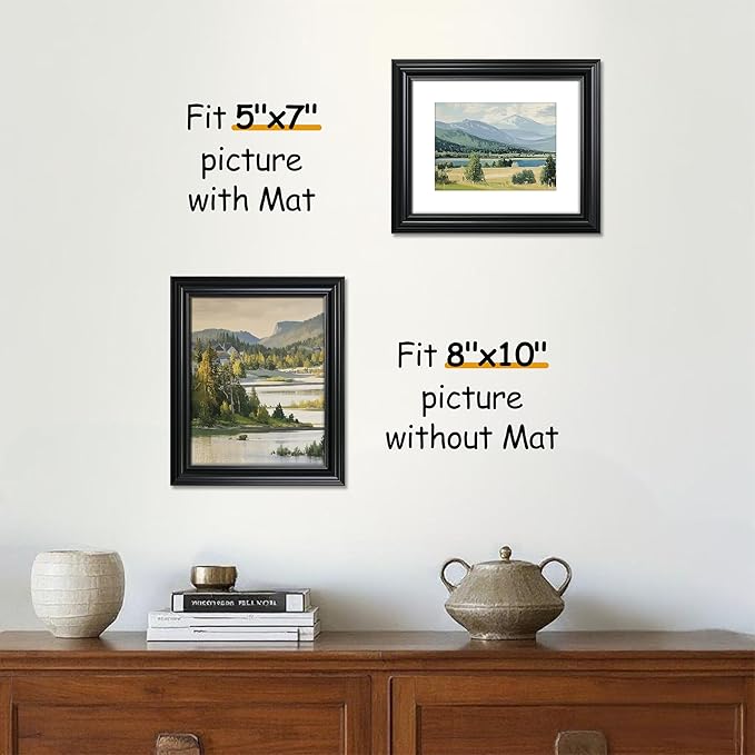 VIOLABBEY 8x10 Picture Frame Black, Photo Frames, Fits Pictures 5x7 with Mat or 8 x 10 without Mat, Vintage Display for Tabletop and Wall