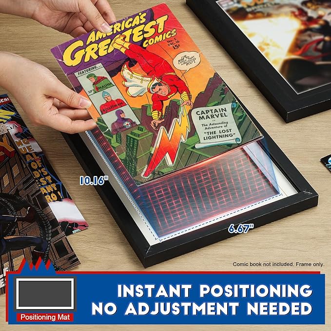 JupDec Comic Book Frame, Premium Wood Display Case for 6 11/16" × 10 3/16" Comic, Wall Mount or Tabletop Stand, Layered Design with Positioning Mat, Perfect for Home Decor, 1 Pack