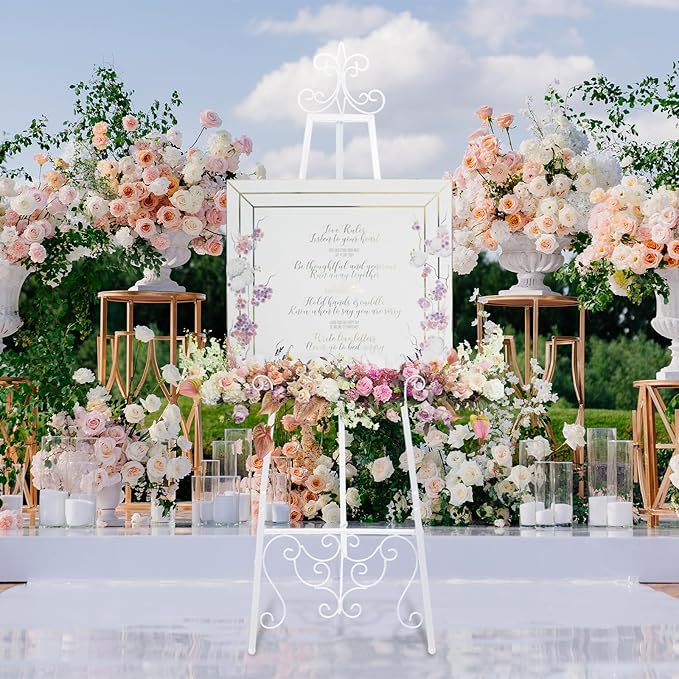 White Easel Stand for Wedding Sign, 55'' Adjustable Vintage Scroll Floor Display Stand with Chain Support for Welcome Poster, Photo, Art, Decorative Event Display