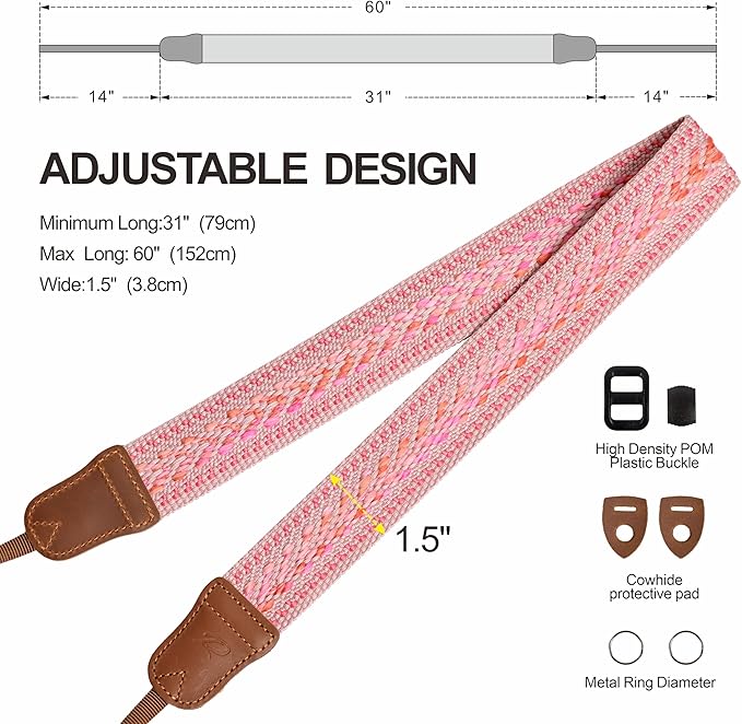 Padwa Lifestyle Speed Pink Camera Strap - 1.5" Soft Cotton Rope Weave Crazy Horse Cowhide Head Camera Straps for Photographers and All Cameras,Cute Adjustable Vintage Woven Strap for Adults & Kids