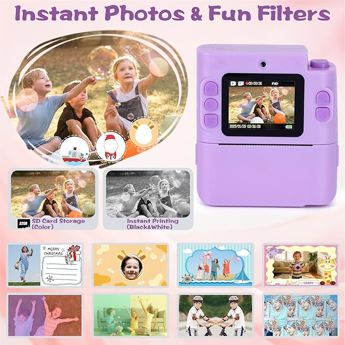 Kids Camera Instant Print, 1080P HD Dual-Lens Selfie Digital Camera with 5 Printing Paper Rolls & 32G TF Card, for Children, Portable Toddler Toy for Age 3-12 Boys & Girls (Purple)
