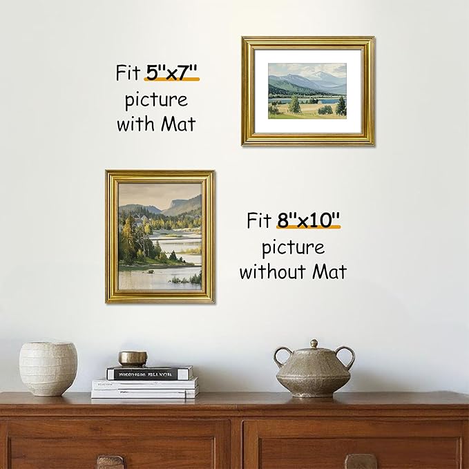 VIOLABBEY 8x10 Picture Frame Gold, Photo Frames, Fits Pictures 5x7 with Mat or 8 x 10 without Mat, Vintage Display for Tabletop and Wall