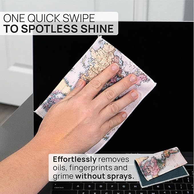 Quick Cloth Microfiber Glasses Cleaning Cloths – 5x7, World Map, 2 Pack with Case | Double-Sided Lens Cleaner for Eyeglasses, Camera, Screens & Glass | Reusable Microfiber Glass Polishing Cloths
