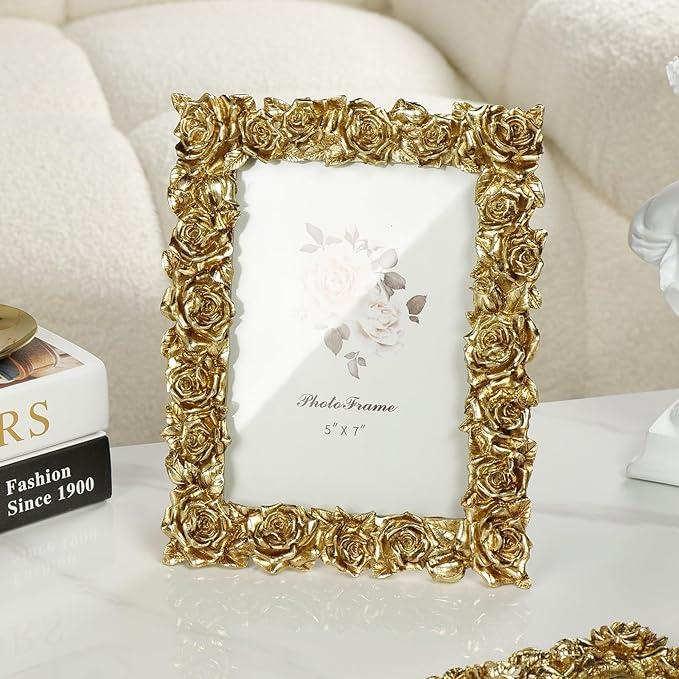 Cuspin 5x7 Picture Frame Vintage Gold Frames, Gold Ornate Rose Flower Resin Photo Frame with Glass Front for Wall Hanging or Tabletop Display, Elegant Home Decor