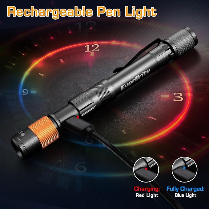 EverBrite Rechargeable Pen Light, 300 Lumens EDC Flashlight, Zoomable LED Pocket Flashlight with Clip, Memory Function and USB C Cable Included, for Camping, Emergency, Charcoal Black