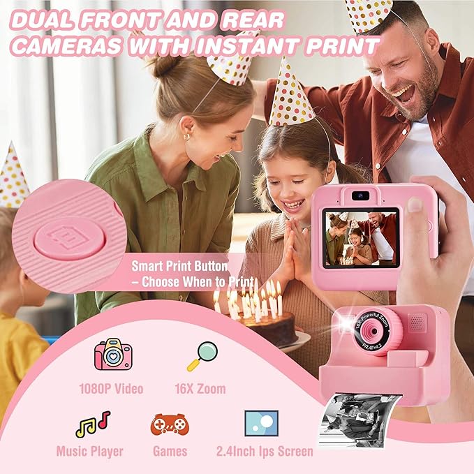 Kids Instant Print Camera, 1080P Selfie Video Camera with DIY Journal Kit – 200+ Accessories, Christmas & Birthday Gifts for Girls & Boys Ages 3-12 (Pink)