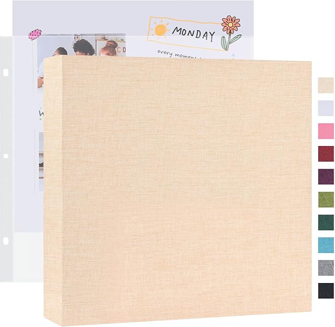 Mublalbum 12x12 Inch Large 3 Ring DIY Scrapbook Photo Album with 20 Plastic Sleeves 40 Pages Linen Cover Folder Binder for Baby Travel Wedding Anniversary and DIY Projects (Beige)