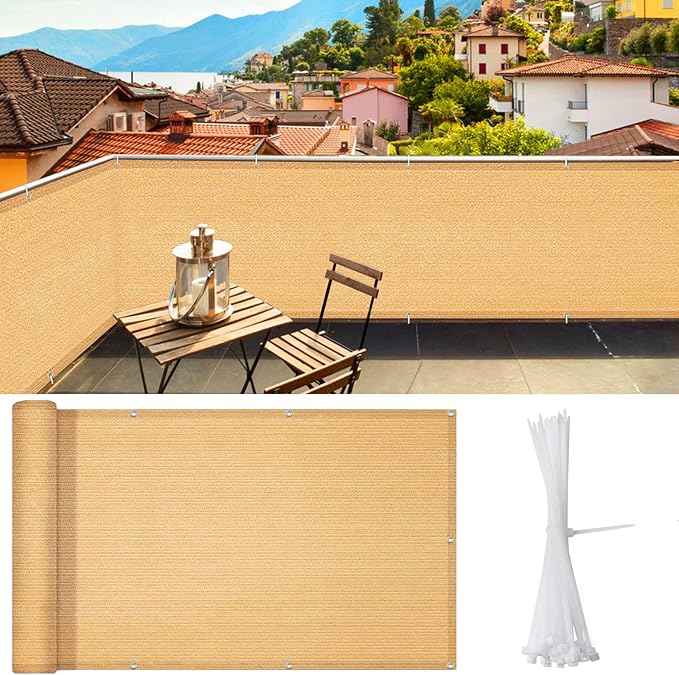 iCover 3.5x16.5ft Balcony Privacy Screen Fence, UV-Resistant Railing Fencing Cover for Porch Deck Patio Garden Backyard, Cable Zip Ties Included, Sand