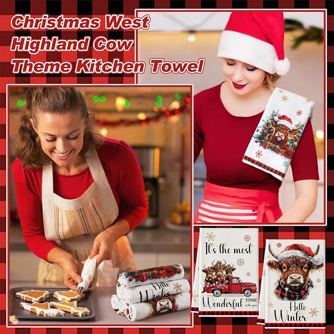 Preboun 6 Pcs Christmas Kitchen Towels Highland Cow Decorative Hand Towels Red Black Plaid Hello Winter Merry Christmas Dish Cloth Farmhouse Tea Cloth Kitchen Accessories Bathroom Decor
