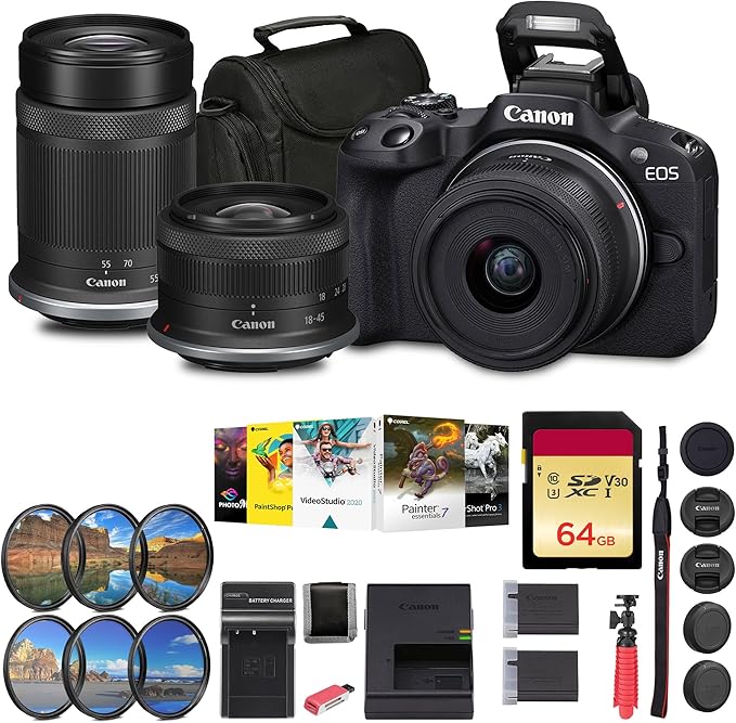 Canon EOS R50 Mirrorless Camera with 18-45mm and 55-210mm Lenses (Black) (5811C022) + 64GB Card + Filter Kit + Photo Software + Bag + Charger + LPE17 Battery + Card Reader + More (Renewed)