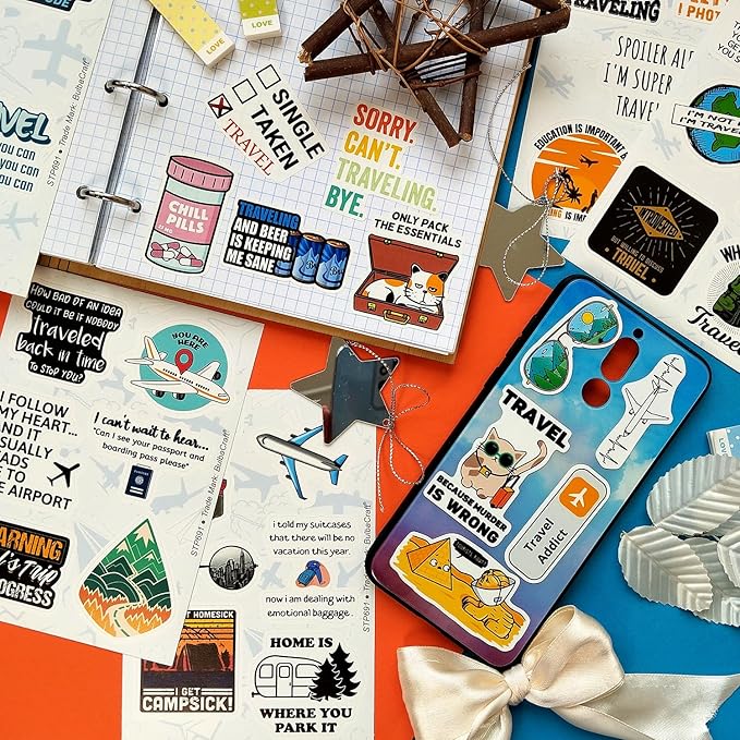 BulbaCraft 100Pcs Funny Travel Stickers, Scrapbook Stickers Travel, Travelers Notebook Accessories, Funny Travel Laptop Decals, Gifts for Women & Men