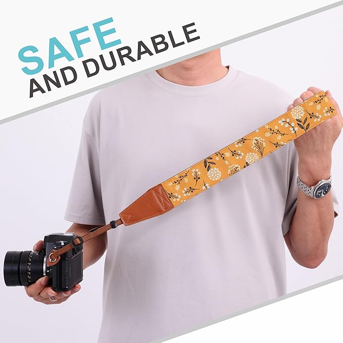 Padwa Lifestyle Camera Strap - 2" Full Grain Leather Ends Camera Straps for Photographers, Vintage Embroidered Cotton Weave Soft Suede Fabric Padded Strap Quick Release fits All Cameras