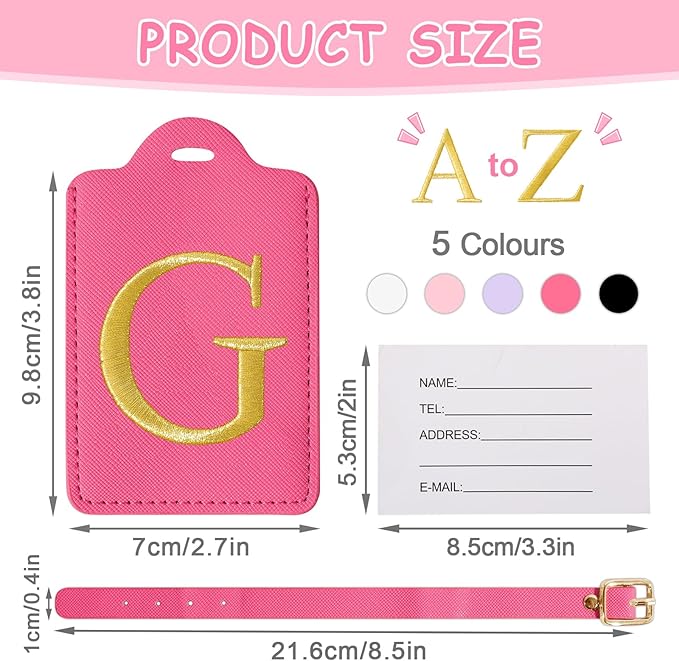 Initial Luggage Tags for Suitcases, Cute Embroidered Letter Luggage Bag Suitcase Identifier Name Baggage Tag, PU Leather Travel Luggage Tags, Bag Tags for Men Women Kids Luggage Handbags(Rosered G)