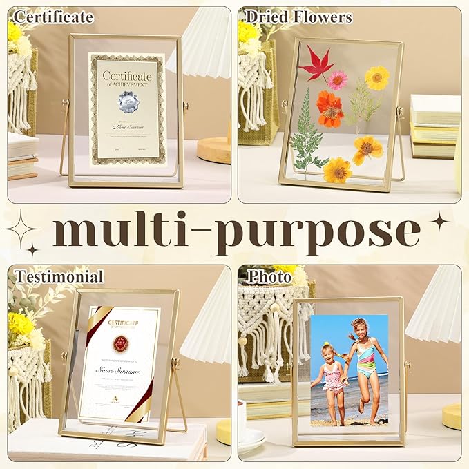 Hoteam 16 Pcs 4 x 6 Inches Gold Floating Frames Glass Photo Frames Vertical Vintage Metal Picture for Wedding Photo Picture Mounting Tabletop Display Office Decor