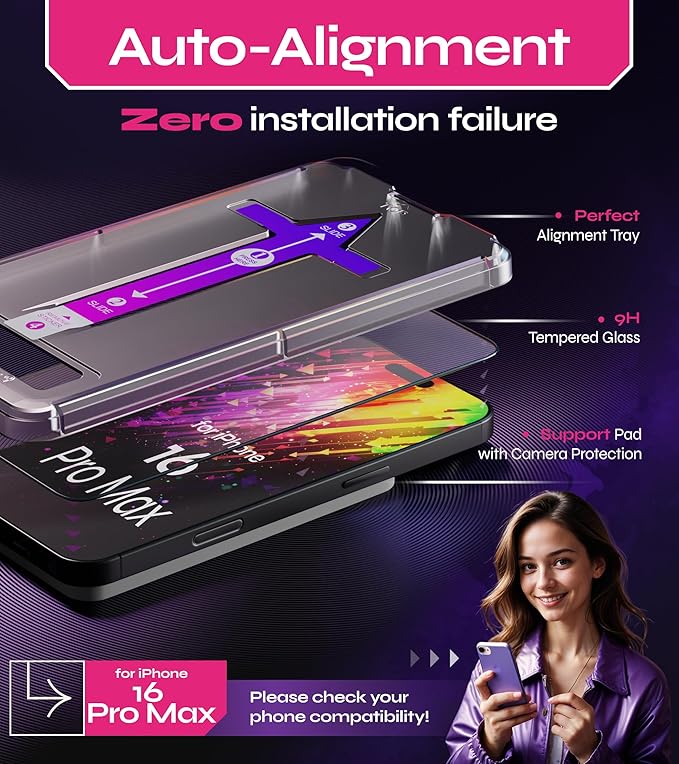 Defenslim Screen Protector for iPhone 16 Pro Max (2Pack), Easy Auto-Align Install Kit, 6.9" Tempered Glass, 9H Hardness, Ultra HD Clear, Case Friendly, EasyShield