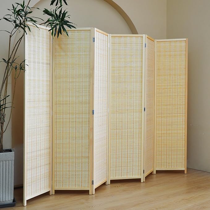 6 Panel Bamboo Room Divider and Folding Panel Screen,Bamboo Panel Divider for Room Separation,Beige,67" H x 92.1" W