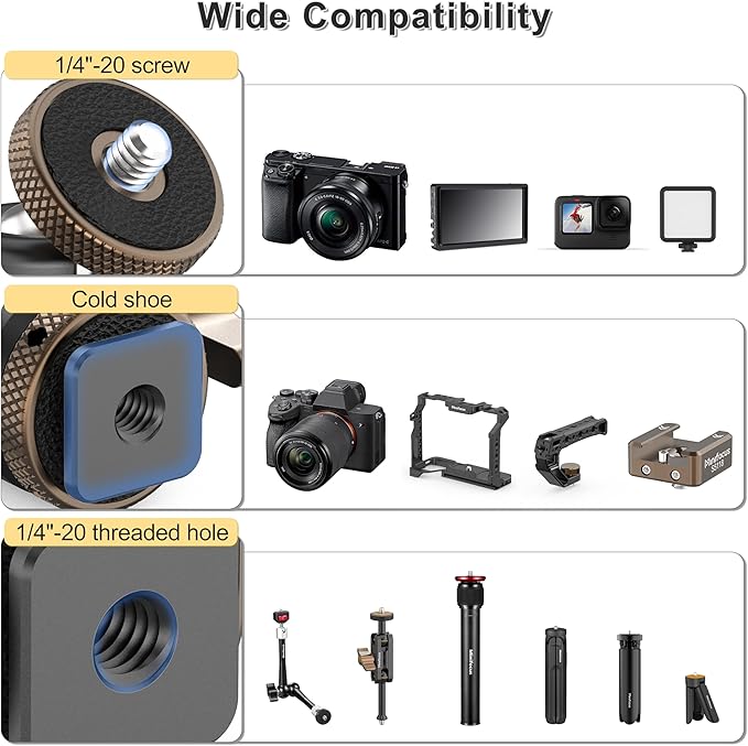 MINIFOCUS Mini Ball Head, Metal Tripod Ballhead with 1/4" Cold Shoe Adapter, 360° Swivel 125° Tilt Ball Heads for Camera, Camcorder, Phone Holder, Max Load 11lb