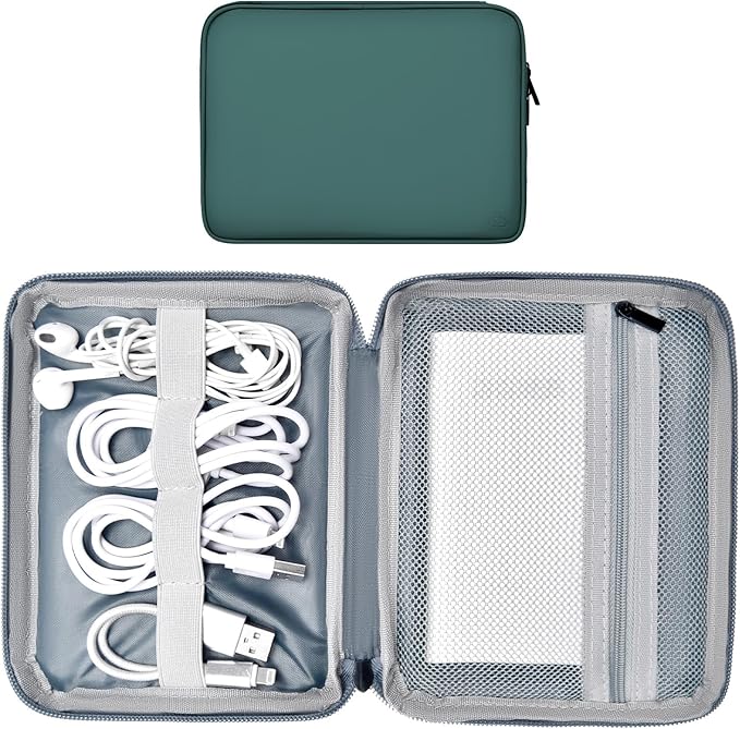 Leather Cord Organizer Travel Waterproof Travel Cable Organizer Bag Portable Tech Organizer Travel Case for Charger Electronic Accessories for Men (Deep Green, Single Layer-Small)