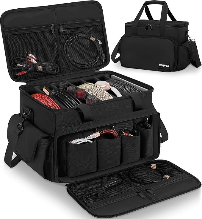 Cable File Bag With Adjustable Dividers Dj Gig Bag for Cables, Cords,DJ Gear,Sound Instrument and Accessories 16L x 11W x 12H inch Black