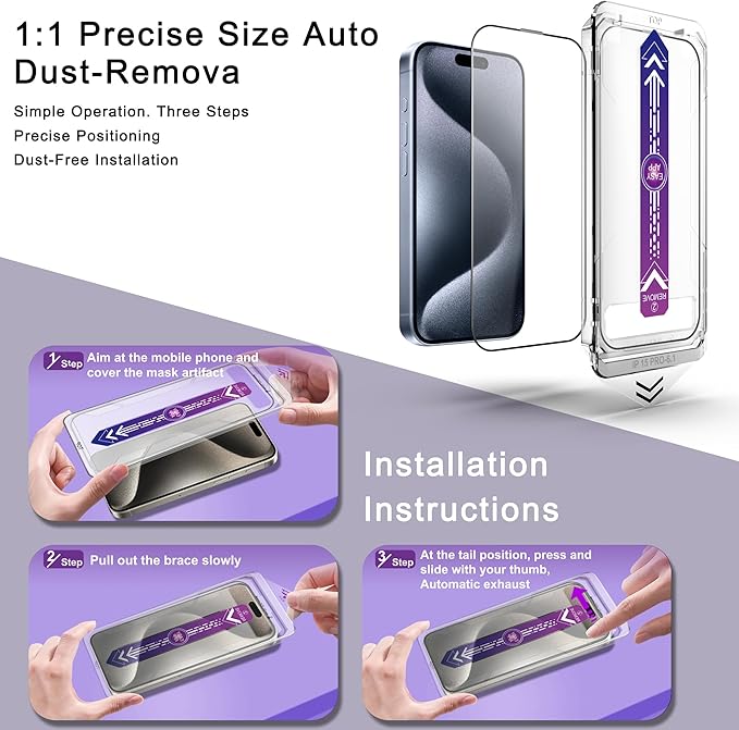 CHRYSHA 2 Pack Screen Protector for iPhone 15 Pro, 9H Tempered Glass, Full Coverage, Anti-Fingerprint, Auto Dust-Elimination, No Bubble, Easy Installation